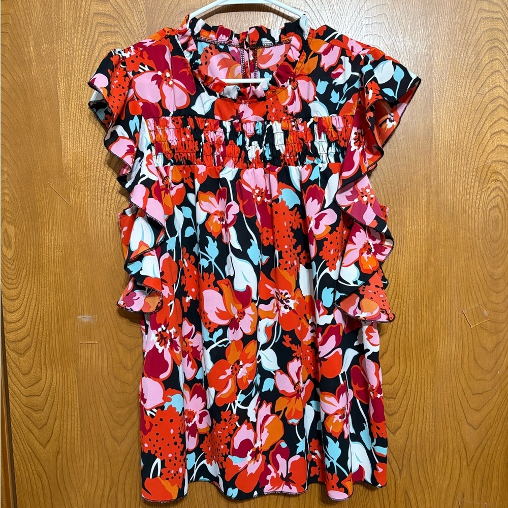 Floral Ruffle Sleeve Blouse - Multicolor